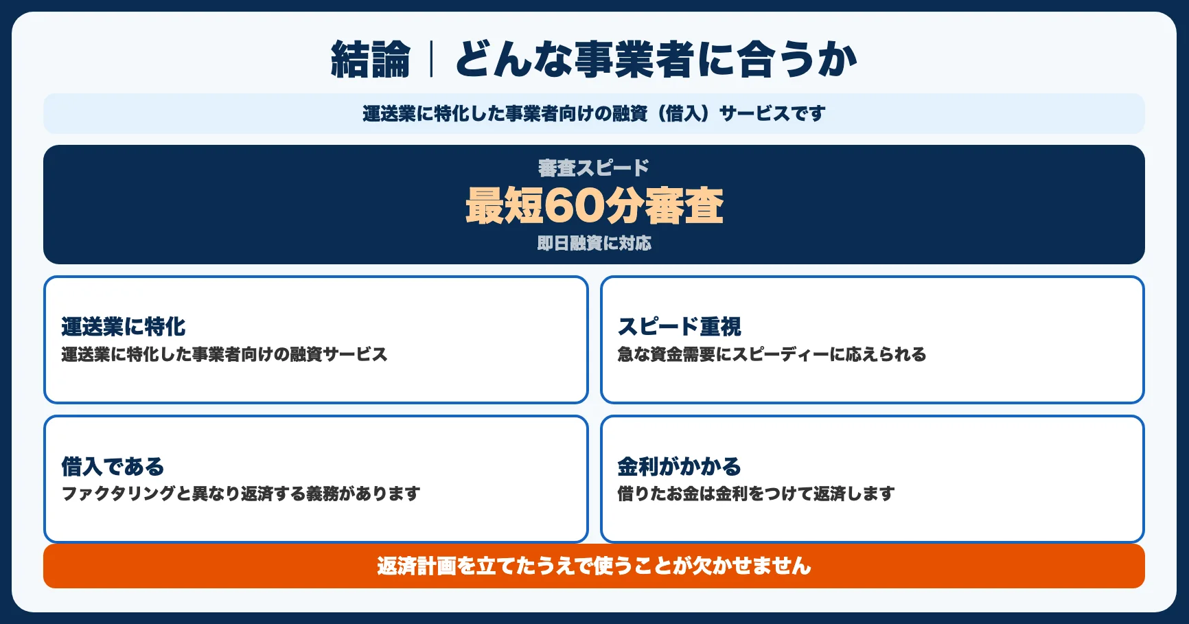 【結論】アクト・ウィルは「運送業で、すぐに事業資金を借りたい事業者」に合っている